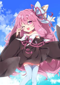 1girl ;d absurdres bare_shoulders blue_sky blue_thighhighs brown_dress brown_sleeves cloud commentary day detached_sleeves dress feet_out_of_frame hair_between_eyes hand_up highres knees_together_feet_apart kotonoha_akane long_hair long_sleeves looking_at_viewer milkpanda off_shoulder one_eye_closed open_mouth outdoors pink_eyes pink_hair sky sleeves_past_fingers sleeves_past_wrists smile solo standing thighhighs v v_over_eye very_long_hair voiceroid wide_sleeves