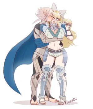 Rule 34 | 1boy, 1girl, arm under breasts, blonde hair, blu3 chika, blue eyes, blush, bow, breasts, cape, charlotte (fire emblem), cleavage, cleft of venus, closed eyes, dragon boy, fire emblem, fire emblem fates, fur trim, gorget, hair bow, hand on another's waist, high heels, hug, kiss, kissing cheek, large breasts, long hair, looking at another, male corrin (fire emblem), midriff, navel, nintendo, one eye closed, pauldrons, pointy ears, short shorts, shorts, shoulder armor, simple background, wavy hair, white hair