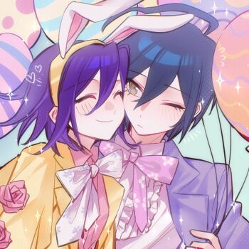 2boys ahoge animal_ear_hairband animal_ears aqua_background balloon bishounen black_hair blush bow bowtie brown_eyes cheek-to-cheek closed_eyes collared_shirt commentary danganronpa_(series) danganronpa_v3:_killing_harmony easter eyelashes fake_animal_ears flipped_hair flower hair_between_eyes hairband happy heads_together heart holding holding_balloon jacket long_sleeves male_focus multiple_boys oma_kokichi one_eye_closed pastel_colors pink_flower pink_rose portrait purple_hair purple_jacket rabbit_ear_hairband rabbit_ears rose saihara_shuichi shirt short_hair simple_background smile sparkle tujiang6 yaoi yellow_jacket