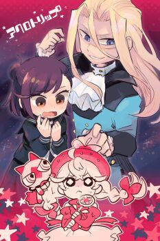 Rule 34 | 1boy, 2girls, acro trip, ascot, berry blossom, blonde hair, blue serafuku, braid, chroma (acro trip), commentary request, date chizuko, food-themed hat, fruit hat, gloves, hair bun, highres, holding, holding wand, long hair, magical girl, mashirou, multiple girls, patterned eyes, purple hair, school uniform, serafuku, smile, strawberry hat, tsunoji, twin braids, wand, white ascot