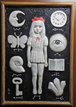 Rule 34 | 1girl, animal, book, bow, bug, butterfly, clock, colored skin, crescent moon, crystal, eyeball, fractal underground studio, hair bow, insect, key, kneehighs, long hair, looking at viewer, moon, moon with face, neck ribbon, original, photo (medium), puffy sleeves, red bow, red ribbon, ribbon, school uniform, shell, shirt, shoes, short sleeves, skirt, snail shell, socks, standing, suspender skirt, suspenders, uwabaki, white hair, white shirt, white shoes, white skin, white skirt, white socks