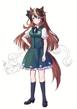 2girls animal_ears black_bow black_bowtie black_shoes black_socks bow bowtie brown_hair closed_mouth collared_shirt commentary_request cosplay frilled_skirt frills full_body green_skirt green_vest hair_between_eyes hand_on_own_hip highres hitodama_print horse_ears horse_girl horse_tail kneehighs konpaku_youmu konpaku_youmu_(cosplay) konpaku_youmu_(ghost) konpaku_youmu_(ghost)_(cosplay) long_hair looking_at_viewer multicolored_hair multiple_girls puffy_short_sleeves puffy_sleeves purin_jiisan purple_eyes shirt shoes short_sleeves simple_background skirt skirt_set socks standing streaked_hair symboli_rudolf_(umamusume) tail tokai_teio_(umamusume) touhou umamusume vest white_background white_hair white_shirt yukkuri_shiteitte_ne