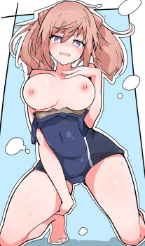 1girl alice_gear_aegis blue_one-piece_swimsuit blush breasts brown_hair cameltoe clothes_pull embarrassed gluteal_fold highres kimikage_yui kneeling large_breasts looking_at_viewer medium_hair nejirehifumi nipples one-piece_swimsuit one-piece_swimsuit_pull open_mouth purple_eyes school_swimsuit solo swimsuit twintails twintails_with_hair_base