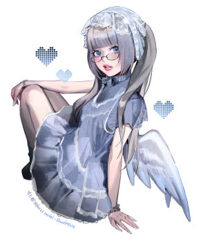 Rule 34 | 1girl, absurdres, artist name, black shoes, blue dress, blue eyes, blunt bangs, blush, bracelet, dress, fanged bangs, fingernails, from behind, full body, grey hair, hand on floor, hashtag-only commentary, heart, highres, invisible floor, jewelry, long fingernails, long hair, looking at viewer, looking back, maid, maid headdress, original, pink lips, pixel heart, semi-rimless eyewear, seto jiro, shoes, simple background, teeth, thick lips, twintails, twitter username, under-rim eyewear, white nails, wings