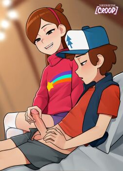 1boy 1girl black_eyes blush braces brother_and_sister dipper_pines gravity_falls grin handjob hat incest kodomo_doushi loli long_hair loodncrood mabel_pines penis short_hair shota siblings smile thighhighs uncensored white_thighhighs