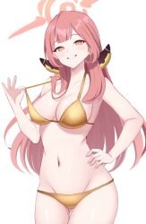Rule 34 | 1girl, aru (blue archive), bikini, blue archive, blunt bangs, blush, breasts, cleavage, commentary request, cowboy shot, demon horns, gluteal fold, gold bikini, grin, groin, halo, halterneck, hand on own hip, hand up, highres, horns, large breasts, lifted by self, long hair, looking at viewer, navel, orange eyes, orange halo, paid reward available, parted lips, pink hair, simple background, smile, solo, standing, stomach, strap lift, surippa1010, swimsuit, very long hair, white background