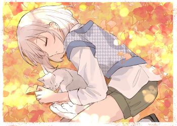 1girl absurdres autumn_leaves cat closed_eyes commentary ginkgo_leaf green_shorts grey_hair highres houndstooth idolmaster idolmaster_shiny_colors kiouri leaf lying on_side patterned_clothing serizawa_asahi shirt short_hair shorts solo symbol-only_commentary white_cat white_shirt