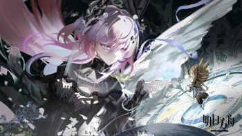 2girls absurdres amiya_(arknights) animal_ears arknights black_dress blue_skirt breasts brown_eyes brown_hair brown_pantyhose character_request check_character commentary_request dress floating_hair grey_jacket hair_between_eyes highres hood hood_down hooded_jacket jacket long_hair medium_breasts mini_person minigirl multiple_girls pantyhose parted_lips pink_eyes pink_hair rabbit_ears skirt sleeves_past_wrists theresa_(arknights) very_long_hair xiyang_xia_de_lang_ke_(sawa)