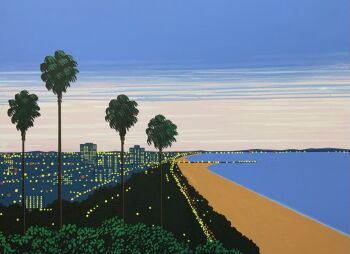 beach blue_sky building city city_lights cityscape commentary_request hiroshi_nagai horizon no_humans original outdoors palm_tree sand sky skyscraper sunset traditional_media tree water