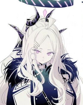 1girl ahoge black_coat black_halo black_jacket blue_archive closed_mouth coat double-parted_bangs halo hina_(blue_archive) jacket long_hair looking_at_viewer ouri_(aya_pine) ponytail purple_eyes sidelocks solo upper_body white_hair