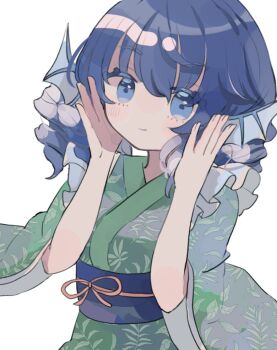 1girl blue_eyes blue_hair blush commentary_request drill_hair drill_sidelocks fins floral_print frilled_kimono frills green_kimono hands_on_own_face head_fins hiyuu_(hiyualice) japanese_clothes kimono looking_at_viewer medium_hair monster_girl obi obijime print_kimono sash sidelocks simple_background smile solo touhou wakasagihime white_background wide_sleeves