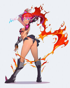 1girl absurdres alternate_costume alternate_hair_color alternate_hairstyle arm_up armor armored_boots ass bikini_armor blue_eyes boots breasts commentary dark-skinned_female dark_skin earpiece fiery_hair from_behind full_body gauntlets highres itou_kazuki long_hair looking_at_viewer looking_back miniskirt multicolored_hair shantae shantae_(series) shoulder_armor signature simple_background sizzle_armor_shantae skirt smile solo spiked_boots very_long_hair