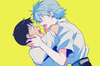 11kkr 2boys belt black_hair black_pants blush brown_eyes collared_shirt commentary_request eye_contact face-to-face from_side grey_belt grey_hair ikari_shinji looking_at_another male_focus multiple_boys nagisa_kaworu neon_genesis_evangelion open_mouth pale_skin pants pushing red_eyes school_uniform shirt shirt_tucked_in short_hair simple_background tokyo-3_middle_school_uniform upper_body white_shirt yaoi yellow_background