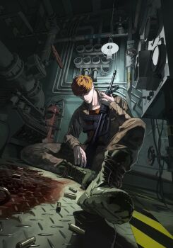 1boy arm_on_thigh background_request blood blood_on_ground boat_interior boots busujima_mason_rio cable camouflage camouflage_jacket camouflage_pants commentary_request expressionless fire_extinguisher from_below full_body generator gun hanging_lantern hazard_stripes highres holding holding_gun holding_weapon hypnosis_mic industrial_pipe jacket knee_boots knee_up lace-up_boots ladder light_frown long_sleeves looking_to_the_side male_focus metal_floor on_floor open_clothes open_jacket orange_hair pale_skin pants pants_tucked_in pegxvpve8 perspective red_shirt shell_casing shirt short_hair sidelighting sitting solo valve very_short_hair weapon weapon_request