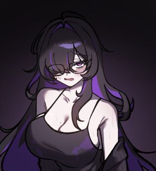 1girl bare_shoulders black_background black_hair black_tank_top blush breasts cleavage colored_inner_hair commentary_request glasses goddess_of_victory:_nikke highres label_(nikke) large_breasts leemun long_hair looking_at_viewer multicolored_hair parted_lips purple_eyes purple_hair simple_background solo tank_top two-tone_hair very_long_hair