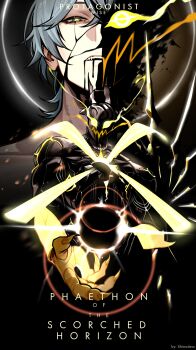 1boy absurdres black_background colored_skin colored_veins commentary english_commentary english_text ethereal_(zenless_zone_zero) fingernails glowing glowing_veins grey_hair highres long_fingernails sharp_fingernails sharp_teeth shiwudesu teeth upper_teeth_only veins wise_(zenless_zone_zero) yellow_eyes zenless_zone_zero