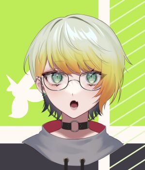 blonde_hair collar glasses green_background green_eyes highres jewelry looking_at_viewer melissa_kinrenka melissa_kinrenka_(2nd_costume) nijisanji okazaki_sato open_mouth portrait short_hair solo striped_background