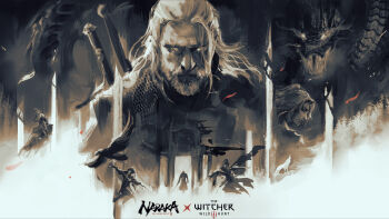 absurdres armor beard character_request dragon facial_hair geralt_of_rivia highres long_hair multiple_boys official_art petals standing sword the_witcher_(series) the_witcher_3 weapon white_hair yi1zhi yong_jie_wujian