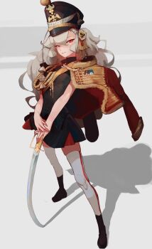 1girl absurdres aiguillette alpha_(alpha_1918) artist_name black_boots black_dress black_shirt boots capelet clenched_teeth cross cross_pendant deo_artist double-headed_eagle dress fluffy_hair frogging grin hair_ornament hat high_collar highres holding holding_own_hand holding_sword holding_weapon hussar imperial_russian_army jacket jacket_on_shoulders lips long_hair looking_at_viewer medal military military_uniform napoleonic_wars narrowed_eyes non-web_source open_collar original ornate ornate_clothes pelisse petticoat pleated_skirt red_eyes red_jacket colored_petticoat ribbon_of_saint_george russia russian_empire saber_(weapon) seductive_smile shadow shako_cap shirt signature skirt smile soldier solo standing striped_clothes striped_thighhighs sword sword_knot teeth thighhighs thighs weapon white_background