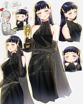 1girl absurdres bare_shoulders black_dress black_gloves black_hair blunt_bangs breasts chibi chibi_inset closed_eyes closed_mouth commentary dress earrings elbow_gloves gloves grey_eyes halterneck hashtag-only_commentary headband highres holding holding_trophy hyuuga_hinata jewelry laurel_crown long_dress long_hair medium_breasts multiple_views naruto_(series) no_pupils one_eye_closed open_mouth smile straight_hair symbol-only_commentary trophy twintails waving white_headband zimo_on