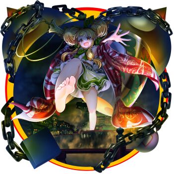 1girl alternate_color alternate_hairstyle alternate_size barefoot blonde_hair bow bowtie brown_horns chain double_bun fang game_cg giant giantess gourd green_bow green_bowtie green_skirt hair_bun highres holding holding_mallet horn_bow horn_ornament horns ibuki_suika ibuki_suika_(verdant_green_kishin) looking_at_viewer mallet miracle_mallet official_art oni open_clothes open_mouth open_robe orange_eyes pointy_ears reaching reaching_towards_viewer red_robe robe rotte_(1109) shirt skirt smile soles solo third-party_source toes touhou touhou_lostword transparent_background white_bow white_shirt