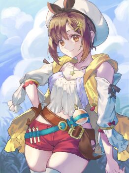 1girl atelier_(series) atelier_ryza atelier_ryza_1 bare_shoulders beret blue_sky breasts brown_eyes brown_gloves brown_hair camisole cleavage closed_mouth collarbone commentary_request cowboy_shot detached_sleeves gloves hair_ornament hairclip hand_on_own_hip hat jacket jewelry kko_(kko_m12) korean_commentary looking_at_viewer medium_breasts midriff mixed-language_commentary navel necklace potion red_shorts reisalin_stout short_shorts shorts single_glove sky sleeveless sleeveless_jacket smile solo star_(symbol) star_necklace thighhighs white_camisole white_hat white_jacket white_sleeves white_thighhighs