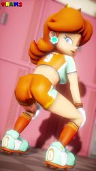 1girl 3d animated ass ass_shake blue_eyes brown_hair come_hither hands_on_own_knees highres legs locker locker_room looking_at_viewer looking_back mario_(series) mario_strikers_(series) midriff nintendo princess_daisy seductive_gaze seductive_smile short_hair shorts smile soccer_uniform solo sportswear super_mario_strikers tagme teasing thighs twerking video virtuablueam2