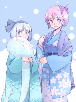 2girls :d alternate_hairstyle black_hairband black_ribbon blue_background blue_kimono blue_sash blue_scarf butterfly_hair_ornament cherry_blossom_print commentary_request feet_out_of_frame floral_print green_eyes green_kimono grey_hair hair_ornament hair_ribbon hairband holding_ghost japanese_clothes kimono konpaku_youmu konpaku_youmu_(ghost) light_blush multiple_girls obi open_mouth pink_eyes pink_hair rangycrow ribbon saigyouji_yuyuko sash scarf short_hair sideways_glance smile touhou