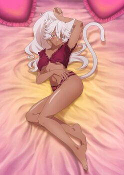 1girl absurdres animal_ears arm_up artist_request barefoot breasts cat_ears cat_girl cat_tail commentary commentary_request dark-skinned_female dark_skin feet frills full_body granat_needakitta hair_between_eyes heart heart-shaped_pillow high_ponytail highres kekkon_yubiwa_monogatari long_hair looking_at_viewer lying medium_breasts no_pants official_art panties pillow ponytail red_panties solo tail thighs underboob underwear