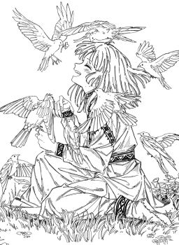 1girl bird grass kneeling laughing long_sleeves monochrome original pigeon ytaoh