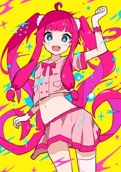 1girl absurdres auhuheben17 cowboy_shot dancing highres light_blush looking_at_viewer midriff navel open_mouth original pink_hair sailor_collar sailor_shirt shirt skirt smile solo twintails