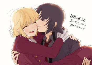 1boy 1girl athrun_zala blonde_hair blue_hair blush cagalli_yula_athha carrying closed_eyes couple dated gundam gundam_seed hetero highres jacket kiss kissing_cheek long_sleeves momohina0808 necktie open_mouth princess_carry shirt short_hair simple_background smile white_background