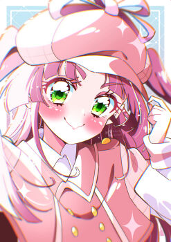 1girl absurdres capelet closed_mouth commentary dress_shirt green_eyes hat highres kobayashi_mikuru long_hair long_sleeves looking_at_viewer meitantei_precure! newsboy_cap pixiv_username potacure precure purple_hair red_capelet red_hat shirt smile solo sparkle twitter_username two_side_up white_shirt wing_collar