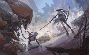 2girls absurdres android asymmetrical_legwear black_hair breasts brush_stroke cable cyberpunk cyborg damaged defeat dutch_angle exposed_internal_machinery grey_hair highres holding holding_sword holding_weapon joints mechabare mechanical_arms mechanical_hands mechanical_legs mechanical_spine mismatched_legwear multiple_girls navel nude original robot robot_girl robot_joints scenery science_fiction see-through_body short_hair standing subdermal_port sword weapon wire world_(1257843324)