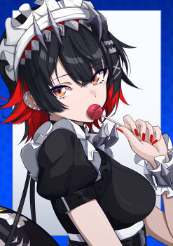 1girl absurdres apron black_hair breasts candy colored_inner_hair commentary_request ellen_joe fins fish_tail food frilled_hairband frills from_side hair_between_eyes hairband highres holding holding_candy holding_food holding_lollipop large_breasts lollipop maid maid_apron maid_headdress multicolored_hair mutsu_aya orange_eyes puffy_short_sleeves puffy_sleeves red_hair red_nails shark_girl shark_tail short_hair short_sleeves solo tail upper_body wrist_cuffs zenless_zone_zero