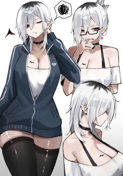 Rule 34 | 1girl, bare shoulders, bat tattoo, black choker, black nails, black thighhighs, blue jacket, breasts, channyy19, choker, cigarette, cleavage, cross, cross earrings, ear piercing, earrings, hair between eyes, hair over eyes, jacket, jewelry, large breasts, medium hair, multiple views, one eye closed, original, partially unzipped, piercing, pointy ears, red eyes, riko (channyy19), smoking, solo, spoken squiggle, squiggle, tattoo, thick thighs, thighhighs, thighs, track jacket, vampire, white hair, wide hips