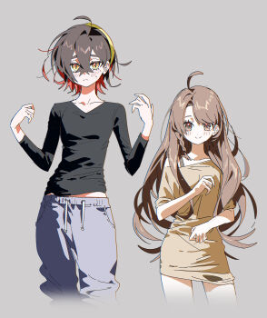 2girls 5oh5s2 absurdres ahoge alternate_hair_length alternate_hairstyle black_hair blush braid brown_eyes brown_hair carmine_(pokemon) commentary dress grey_background hair_between_eyes hairband highres juliana_(pokemon) long_hair mole mole_under_eye multicolored_hair multiple_girls nintendo pants pokemon pokemon_sv red_hair shirt smile symbol-only_commentary two-tone_hair yellow_eyes yellow_hairband