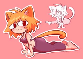 1girl :3 animal_ears ass barefoot blonde_hair cat_ears cat_girl cat_tail commentary english_commentary exercising flexible highres iseenudepeople melty_blood multiple_views neco-arc neco_spirit outline pants pink_background red_eyes signature solo sports_bra tail tsukihime tsukihime_(remake) white_outline yoga yoga_pants