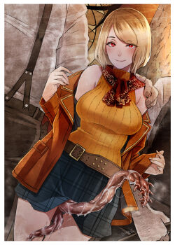 1girl 2boys artist_name ashley_graham bare_shoulders between_legs blonde_hair blush border breasts butcha-u capcom commentary_request cowboy_shot creature_inside dated dutch_angle hand_on_another&#039;s_shoulder highres jacket lapels leather_belt looking_at_viewer medium_breasts medium_hair multiple_boys open_clothes open_jacket orange_jacket orange_sweater outside_border plaid_clothes plaid_skirt red_eyes red_scarf resident_evil resident_evil_4 resident_evil_4_(remake) ribbed_sweater scarf signature skirt sleeveless sleeveless_sweater smile solo_focus sweater swept_bangs tentacles undressing white_border