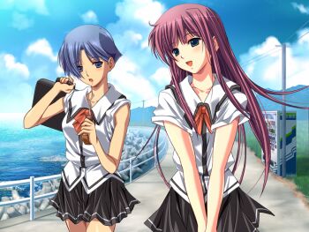 2girls :d black_skirt blue_eyes blue_hair briefcase game_cg green_eyes holding holding_briefcase long_hair m&amp;m_(mickey_and_mackey) mikumo_kazusa multiple_girls natsukami open_mouth own_hands_together red_hair school_briefcase school_uniform serafuku skirt smile takasato_nanase white_serafuku