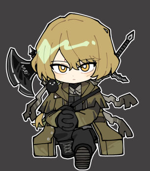 Rule 34 | 1boy, a certain sinclair (project moon), animal, animal on shoulder, axe, bird, bird on shoulder, black boots, black gloves, black pants, blonde hair, boots, brown background, chibi, claymore (sword), coat, expressionless, facial scar, full body, gloves, green coat, green hair, green sleeves, hashtag-only commentary, interlocked fingers, knee up, lace-up boots, limbus company, long hair, long sleeves, looking at viewer, male focus, multicolored hair, open clothes, open coat, outline, own hands together, pants, pinch (nesume), project moon, scar, scar on cheek, scar on face, sinclair (project moon), sitting, solo, spoilers, straight-on, streaked hair, swept bangs, trench coat, weapon, weapon on back, white outline, yellow eyes, zipper pull tab