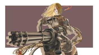 1boy androgynous artificial_eye blonde_hair blue_eyes border chengya_huanwo commentary english_commentary floating_hair gatling_gun glowing gun highres holding holding_gun holding_weapon joints lies_of_p long_hair male_focus mechanical_eye outside_border pale_skin red_background red_eyes robot_joints romeo_(lies_of_p) romeo_king_of_puppets simple_background single_mechanical_eye smile solo standing weapon white_border