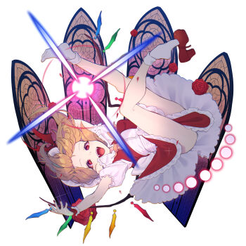 1girl absurdres blonde_hair commentary_request crystal_wings danmaku fangs flandre_scarlet frills full_body hat highres legs medium_hair mob_cap open_mouth red_eyes red_nails red_shoes red_skirt red_vest sabapi_oo shirt shoe_dangle shoes short_sleeves single_shoe skirt smile socks solo teeth touhou vampire vest white_background white_shirt white_socks wings