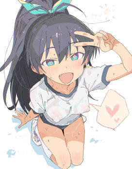 Rule 34 | 1girl, black hair, blue eyes, blue shorts, blush, bow, breasts, buruma, covered erect nipples, ganaha hibiki, gorirago, hair ribbon, heart, heart in eye, idolmaster, idolmaster (classic), idolmaster million live!, looking at viewer, open mouth, ponytail, ribbon, shirt, shoes, shorts, socks, sportswear, symbol in eye, white background, white shirt, white shoes, white socks