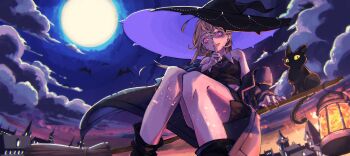 1girl absurdres animal bat_(animal) black_cat black_hat black_jacket black_nails black_shirt black_skirt blonde_hair broom broom_riding cat cloud commentary_request convenient_leg feet_out_of_frame finger_to_mouth from_below full_moon glowing glowing_eyes halloween hand_up hat highres index_finger_raised jacket lantern long_hair looking_at_viewer looking_down moon nail_polish night night_sky off_shoulder open_clothes open_jacket open_mouth original outdoors pink_eyes shirt shushing sitting skirt sky sleeveless sleeveless_shirt solo tattsun_(ta_tsuki) witch_hat