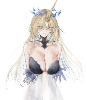 1girl bare_shoulders blonde_hair blue_eyes blush breasts closed_mouth commentary crown_of_thorns english_commentary fleurdelys_(wuthering_waves) hands_up highres horns large_breasts long_hair long_horns looking_at_viewer nadenadesuki pointy_ears sidelocks simple_background single_horn solo white_background wuthering_waves yellow_horns