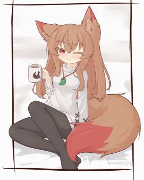 1girl :3 absurdres animal_ear_fluff animal_ears black_pantyhose black_ribbon breasts brown_hair closed_mouth coffee coffee_mug commentary_request crossed_bangs cup fang fox_ears fox_girl fox_print fox_tail hair_between_eyes highres holding holding_cup jewelry light_blush long_hair long_sidelocks long_sleeves looking_at_viewer magatama magatama_necklace medium_breasts mug necklace nikaon one_eye_closed original pantyhose red_eyes ribbon shirt sidelocks signature simple_background sitting smile solo steam tail twitter_username white_background white_shirt