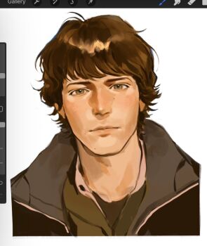 1boy art_program_in_frame black_jacket brown_hair choppy_bangs closed_mouth cropped_shoulders green_eyes green_shirt highres jacket kunnuscumnus mole mole_on_cheek mole_under_mouth multiple_moles open_clothes open_jacket portrait procreate_(medium) procreate_(software) sam_winchester shirt supernatural_(tv_series) white_background wolf_cut