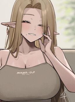 1girl ^_^ blonde_hair breasts camisole cleavage closed_eyes commentary_request earclip elf grey_camisole grin hand_up hayabusa_(vert_320) huge_breasts long_hair mole mole_under_mouth original paid_reward_available pointy_ears signature smile solo upper_body