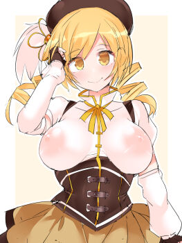 1girl beret black_corset black_gloves black_hat blonde_hair border bow bowtie breasts closed_mouth collared_shirt corset cowboy_shot detached_sleeves drill_hair eyelashes female_focus fingerless_gloves flower_hairpin gem_hair_ornament gloves hat hat_feather high_collar hisui_(stapspats) large_breasts long_hair long_sleeves magical_girl mahou_shoujo_madoka_magica nipples no_bra pleated_skirt puffy_long_sleeves puffy_short_sleeves puffy_sleeves ribbon see-through_clothes see-through_shirt shirt short_sleeves simple_background skirt smile solo standing striped_clothes striped_thighhighs thighhighs tomoe_mami tomoe_mami_(magical_girl) twin_drills vertical-striped_clothes white_background white_border white_shirt white_sleeves yellow_background yellow_bow yellow_bowtie yellow_eyes yellow_ribbon yellow_skirt
